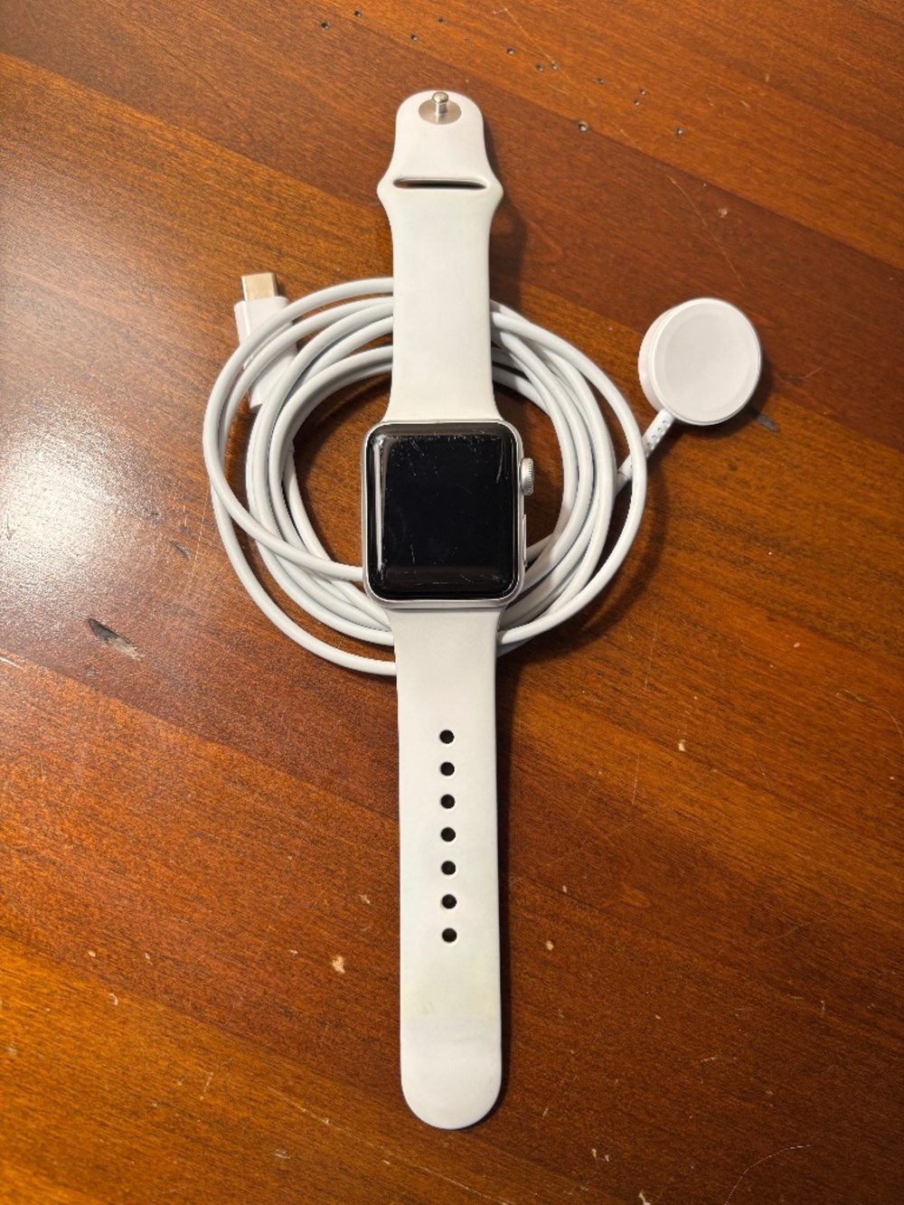 Apple Watch Series 3 38 MM Aluminum Case GPS Silver Charging Cord White Band